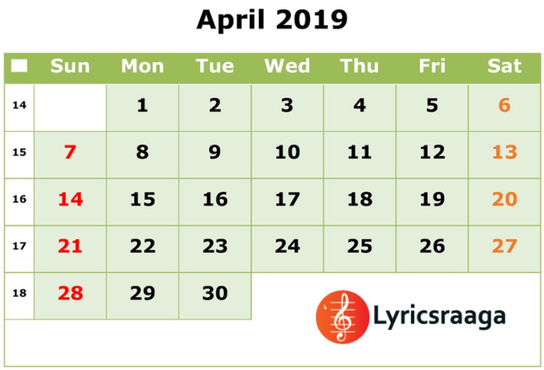 April 2019 Calender Important Days and Events