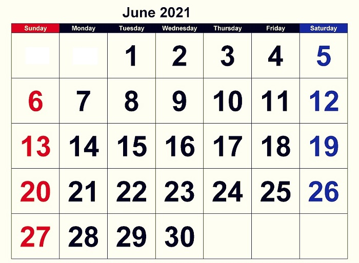 June 2021 Calendar Important Days
